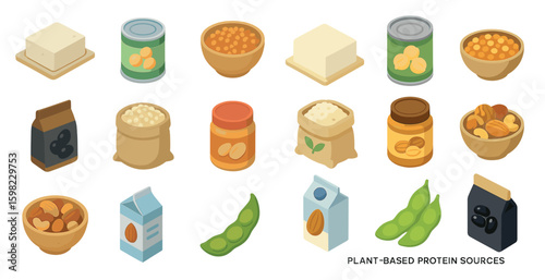 Plant-based protein icons set – isometric, vegan, healthy food symbols