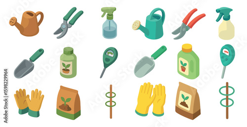 Gardening isometric icons set – flat, filled, horticulture and plant care tools