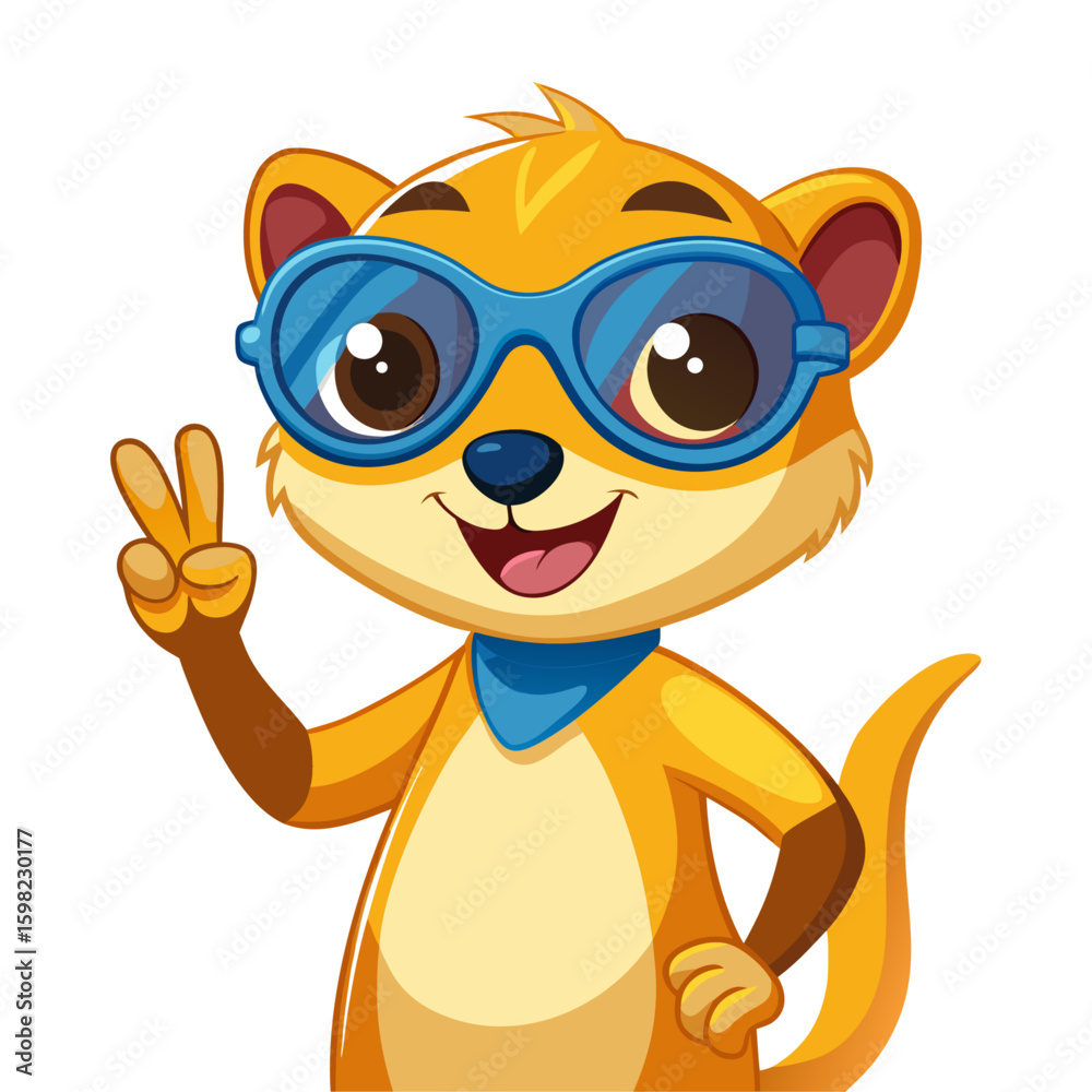 Naklejka premium Vibrant 3D render Smiling of Meerkat with sunglasses making a peace sign
