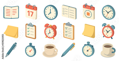 Office essentials isometric icons set – flat, desk, workspace productivity symbols