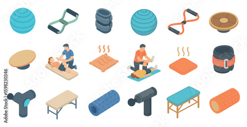 Fitness and wellness isometric icons set – 3d, flat, exercise and gym equipment symbols