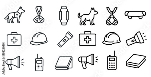 Emergency and safety icons set – outline, flat, rescue and protection symbols