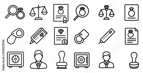 Legal and business outline icons set – linear, solid, corporate symbols