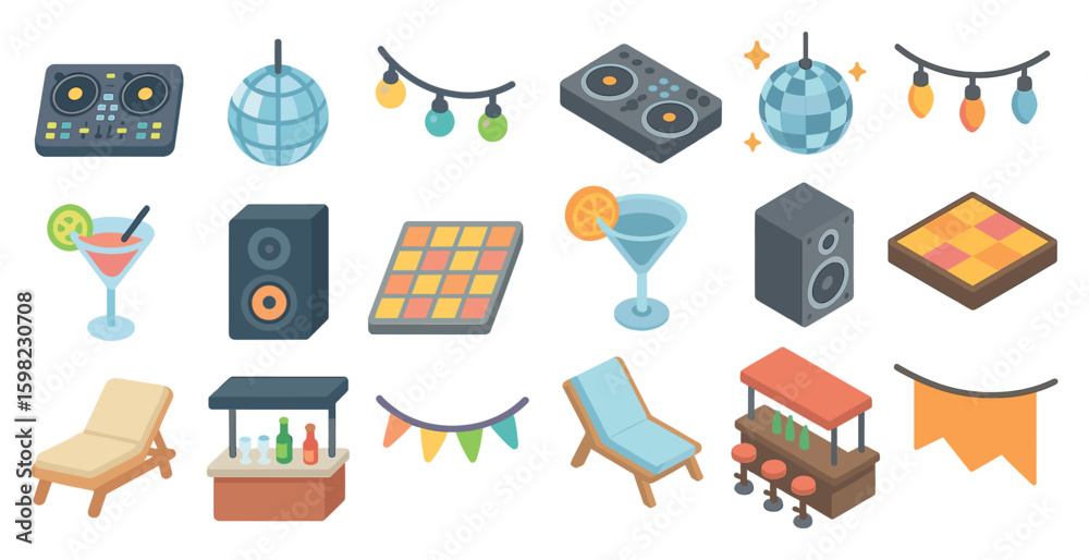 Fototapeta premium Party and leisure isometric icons set – 3d, celebration, event planning symbols