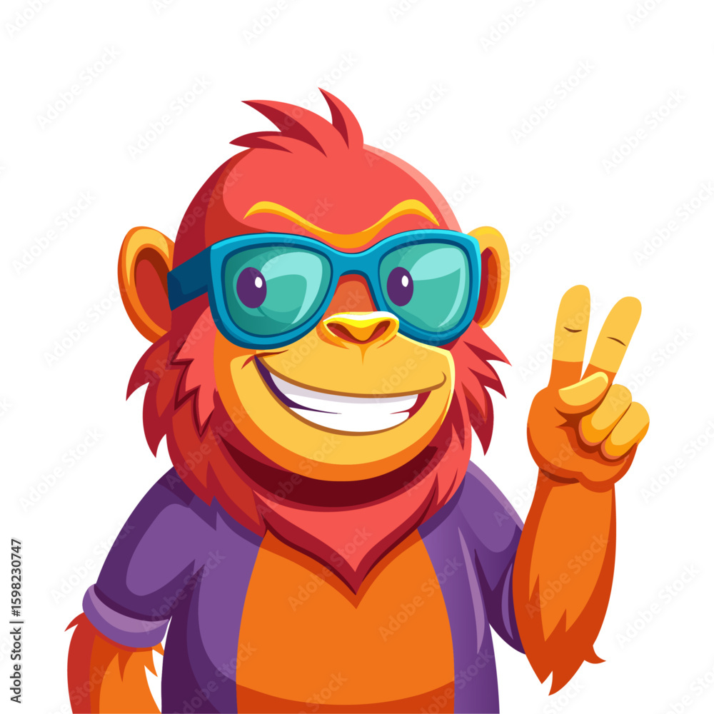Fototapeta premium Vibrant 3D render Smiling Orangutan full body with sunglasses making a peace sign