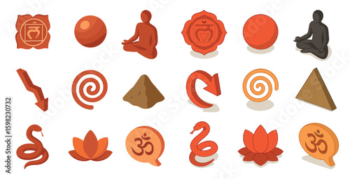Chakra and meditation icons set in isometric style – yoga, spirituality, wellness symbols