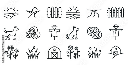 Farm and agriculture line icons set – linear, outline, rural and harvest symbols