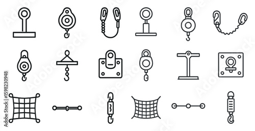 Industrial tools outline icons set – linear, engineering, construction equipment symbols