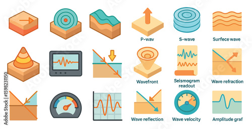 Geophysics flat icons set – topography, seismic, earthquake analysis graphics