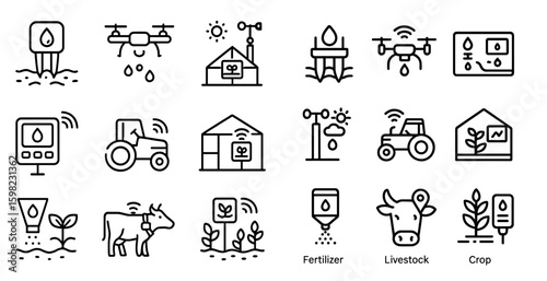 Agriculture and farming outline icons set – linear, farm tools and irrigation symbols