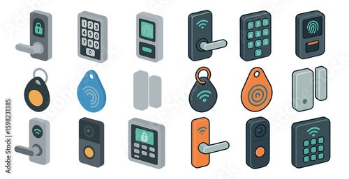 Access control isometric icons set – security, entry, door lock designs