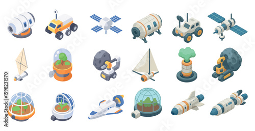 Space exploration icons set – isometric, cosmic, interstellar elements and symbols