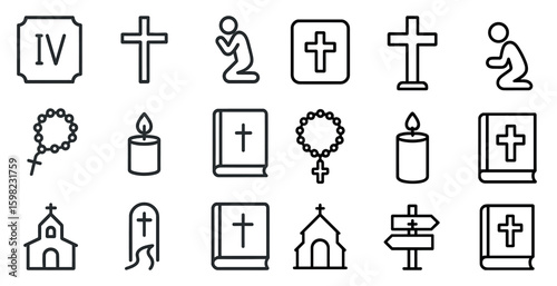Christian and religious outline icons set – linear, faith, worship symbols