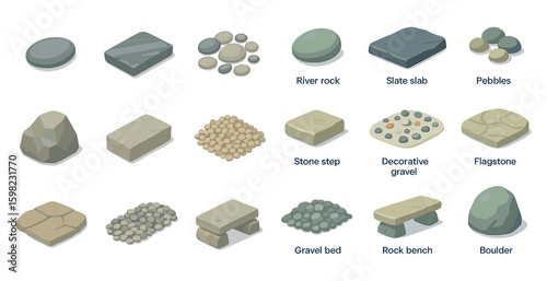 Natural stones isometric icons set – flat, landscape, garden design elements