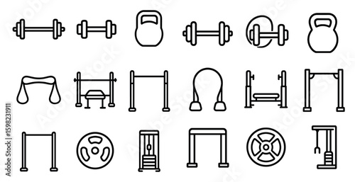 Fitness equipment outline icons set – linear, workout, gym essentials symbols