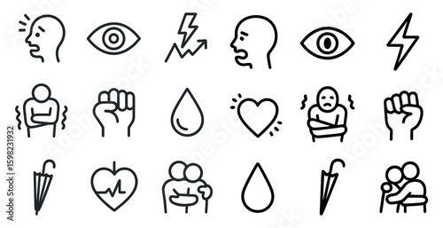 Emotional and psychological line icons set – outline, linear, mental health symbols