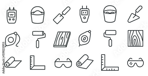 Construction and tools outline icons set – linear, line, building equipment symbols