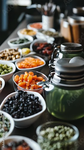 Assortment of colorful seeds and food items displayed in a row of bowls on a dark, polished wooden surface