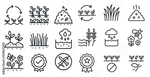 Sustainable agriculture outline icons set – farm, eco-friendly, gardening symbols