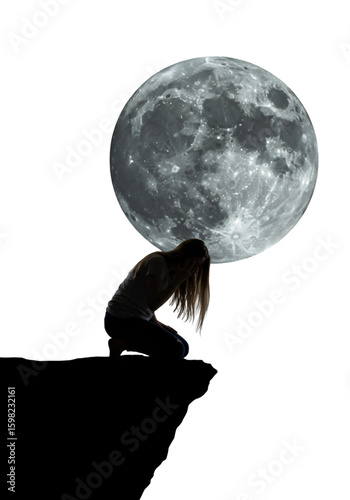 Photo of Silhouette of Woman Sitting Under Full Moon
