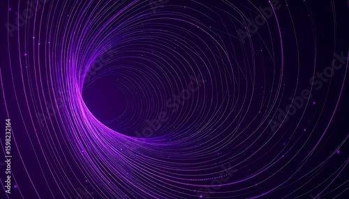 Abstract swirling vortex of luminous purple lines and glowing particles creating a dynamic energetic and futuristic tunnel effect in deep space