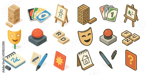 Creative games isometric icons set – board, card, recreational play graphics