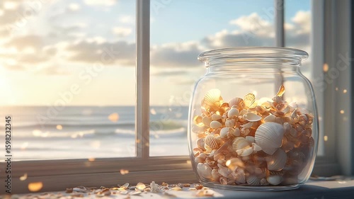 Shells in a jar.
Description A glass jar filled with seashells sits on a window sill, a sunlit ocean view fills the background