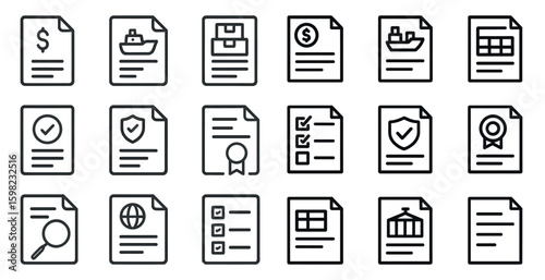 Document management outline icons set – line, flat, paperwork and office tools