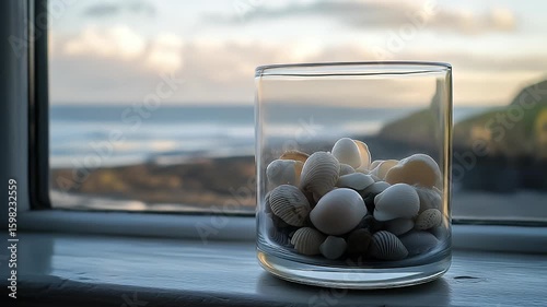 Seashells fill a glass container on a windowsill with a blurred ocean view in the background