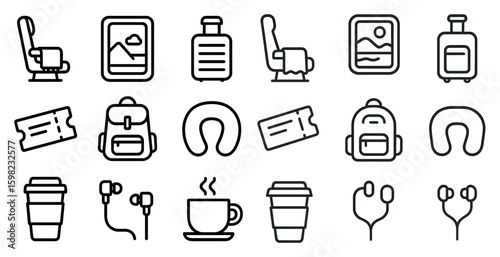 Travel and tourism icons set – line, outline, vacation and trip planning symbols