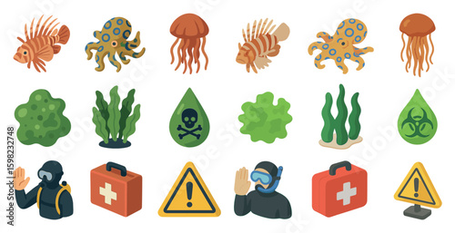 Marine life flat icons set – underwater, aquatic, ocean exploration symbols