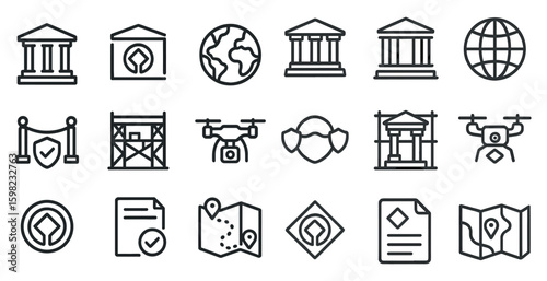 Government and security outline icons set – linear, line, legal and public safety symbols