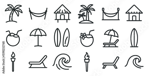 Beach and relaxation line icons set – outline, tropical, summer vacation elements