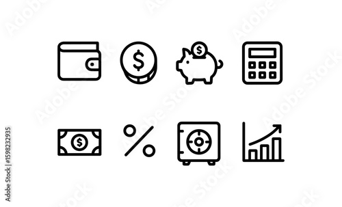 Finance icons: wallet, coin, piggy bank, calculator, money, percentage, safe, bar chart