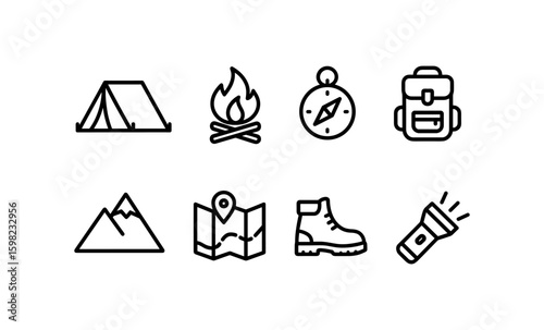 Camping adventure icons: minimalist line art of outdoor essentials