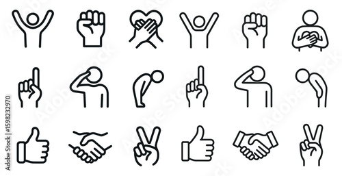 Gesture and communication line icons set – outline, minimalist, expressive symbols
