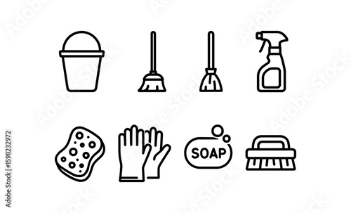 Minimalist black outline icons of cleaning tools and supplies for home maintenance
