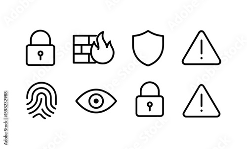 Essential icons for web security: lock, firewall, shield, and warning symbols in linear style