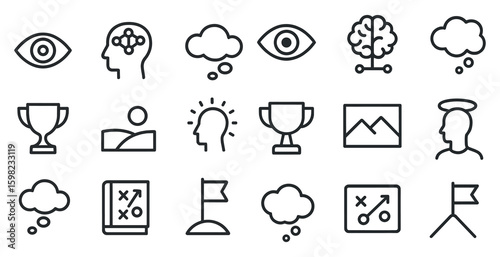 Brainstorming and idea line icons set – outline, linear, creativity and innovation symbols