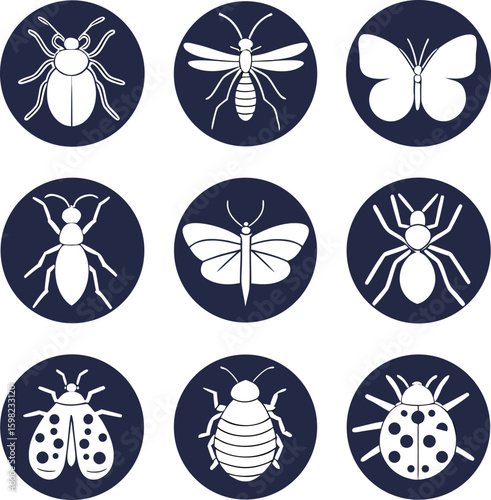 A grid of nine circular icons, each featuring a white insect silhouette against a dark blue background. The silhouette style is a key visual element