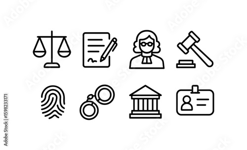 Legal and justice icons set featuring flat linear symbols of law and order