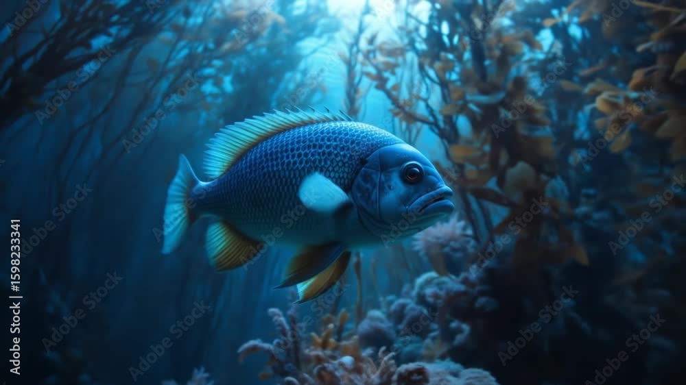 Underwater world featuring a serene blue fish swimming amidst kelp forests and coral