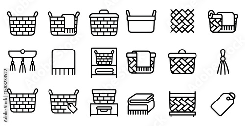 Home organization outline icons set – storage, basket, and shelf symbols