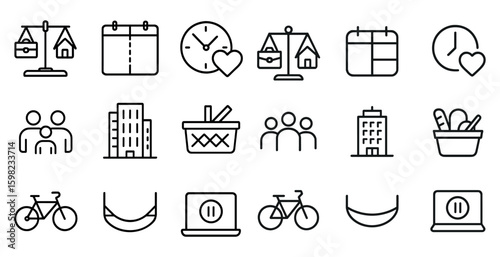 Balancing life outline icons set – linear, equilibrium, lifestyle symbols for harmony