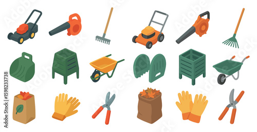 Lawn care and gardening icons set – isometric, tools, landscape and horticulture symbols