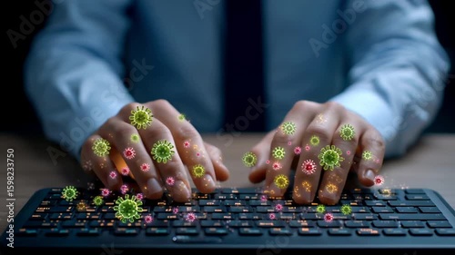 a person's hands touching a computer mouse and keyboard visibly contaminated with germs and viruses (depicted as colorful microscopic overlays: Norovirus, Influenza, Staph)
