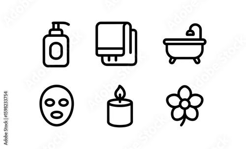 Minimalist line art bathroom and spa icons: soap, towel, bathtub, mask, candle, flower