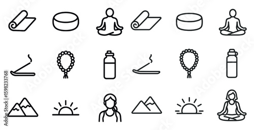 Yoga and meditation outline icons set – linear, wellness, mindfulness symbols