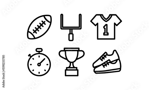 American football icons set: ball, goalpost, jersey, timer, trophy, shoes
