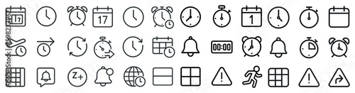 Time management outline icons set – clocks, schedules, and alert symbols